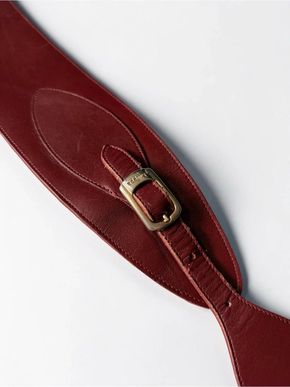 Vintage 80s Phillippe Wide Burgundy Leather Waist Belt with Gold Buckle Sz Small